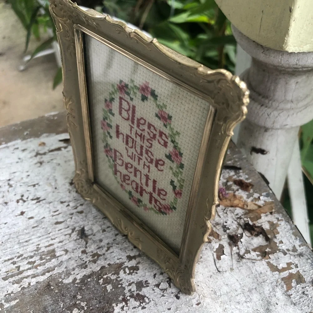 Vintage Framed Cross Stitch Bless This House with Gentle Hearts